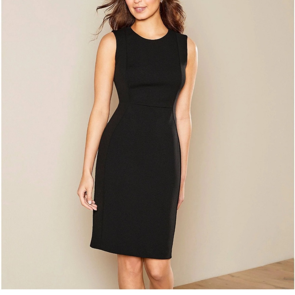 CALVIN KLIEN Sleeveless Seam Front Scuba Crepe Crew Neck Sheath Dress